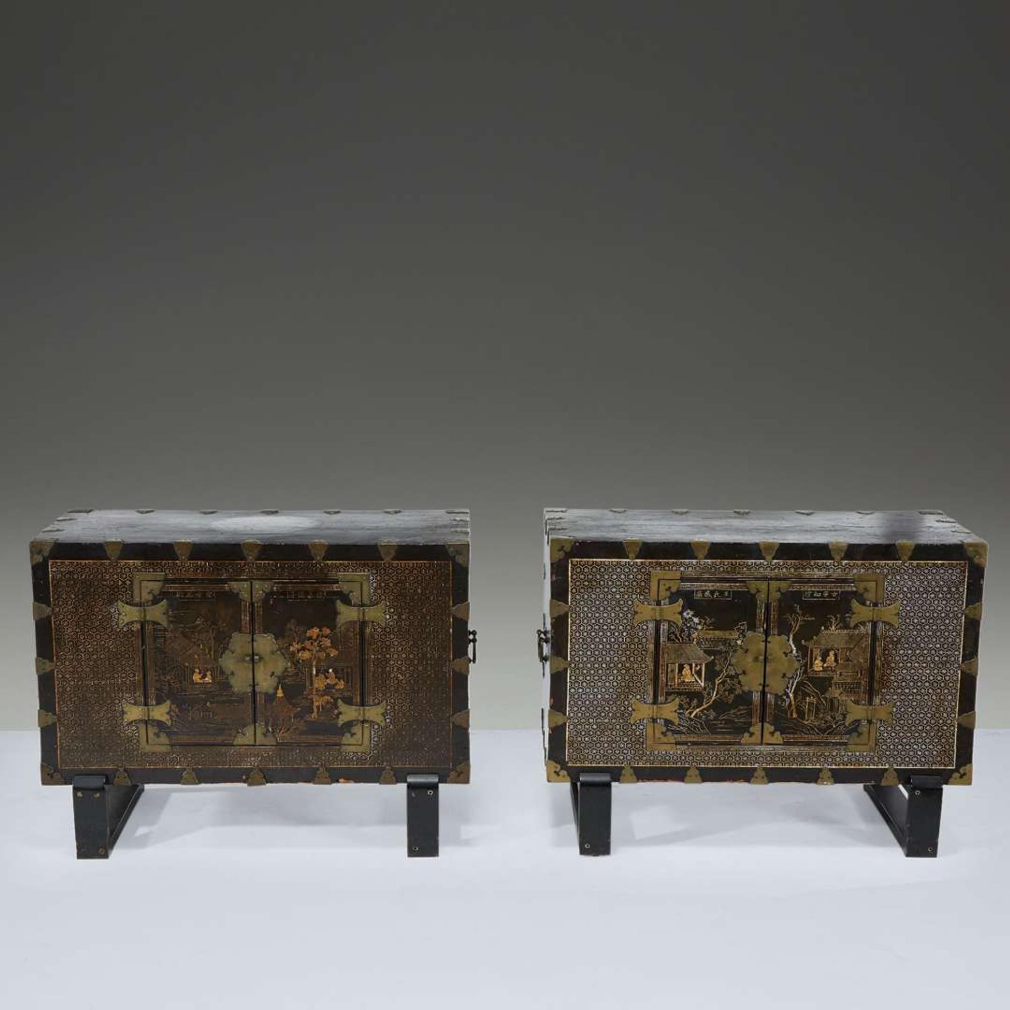 A pair of Korean mother of pearl-inlaid lacquered wood chests 19th Century