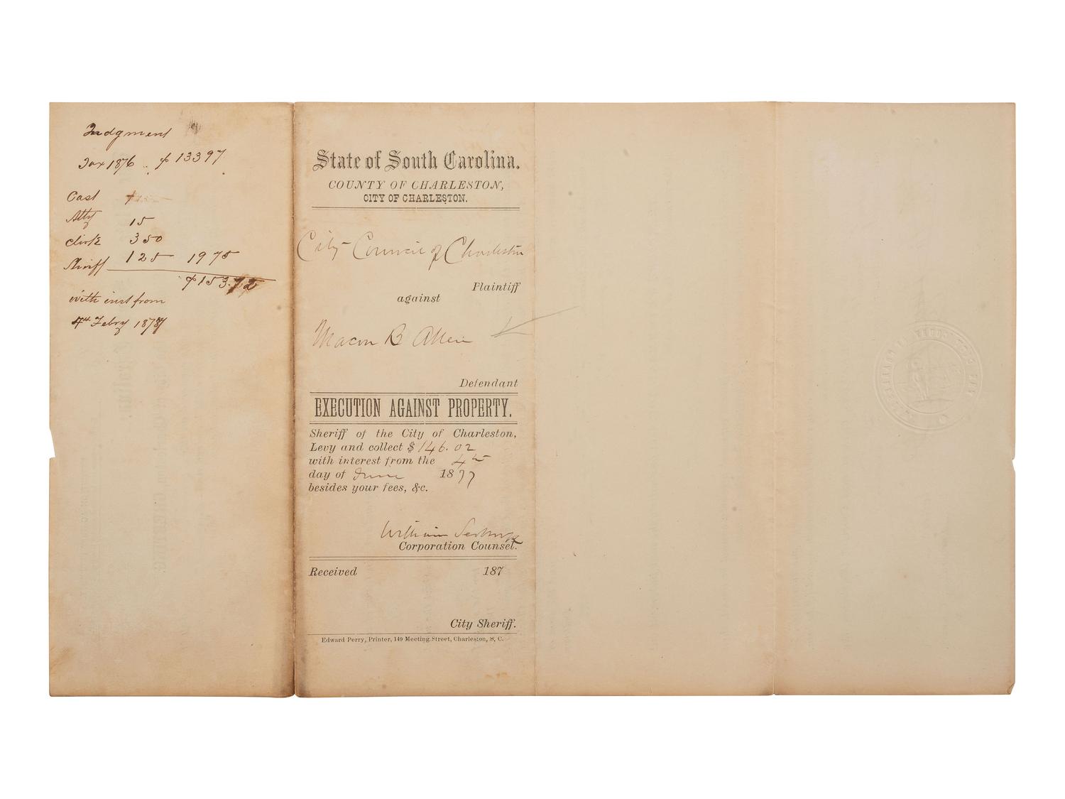 ALLEN, Macon B. (1816-1894). Two documents related to Macon Allen, the first African American licensed to practice law in the US. Charleston, SC, 1877.