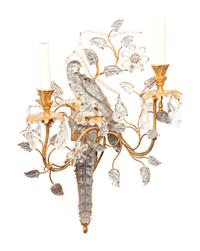 A Set of Four Gilt Metal and Glass Two-Light Sconces in the Style of Maison Baguès