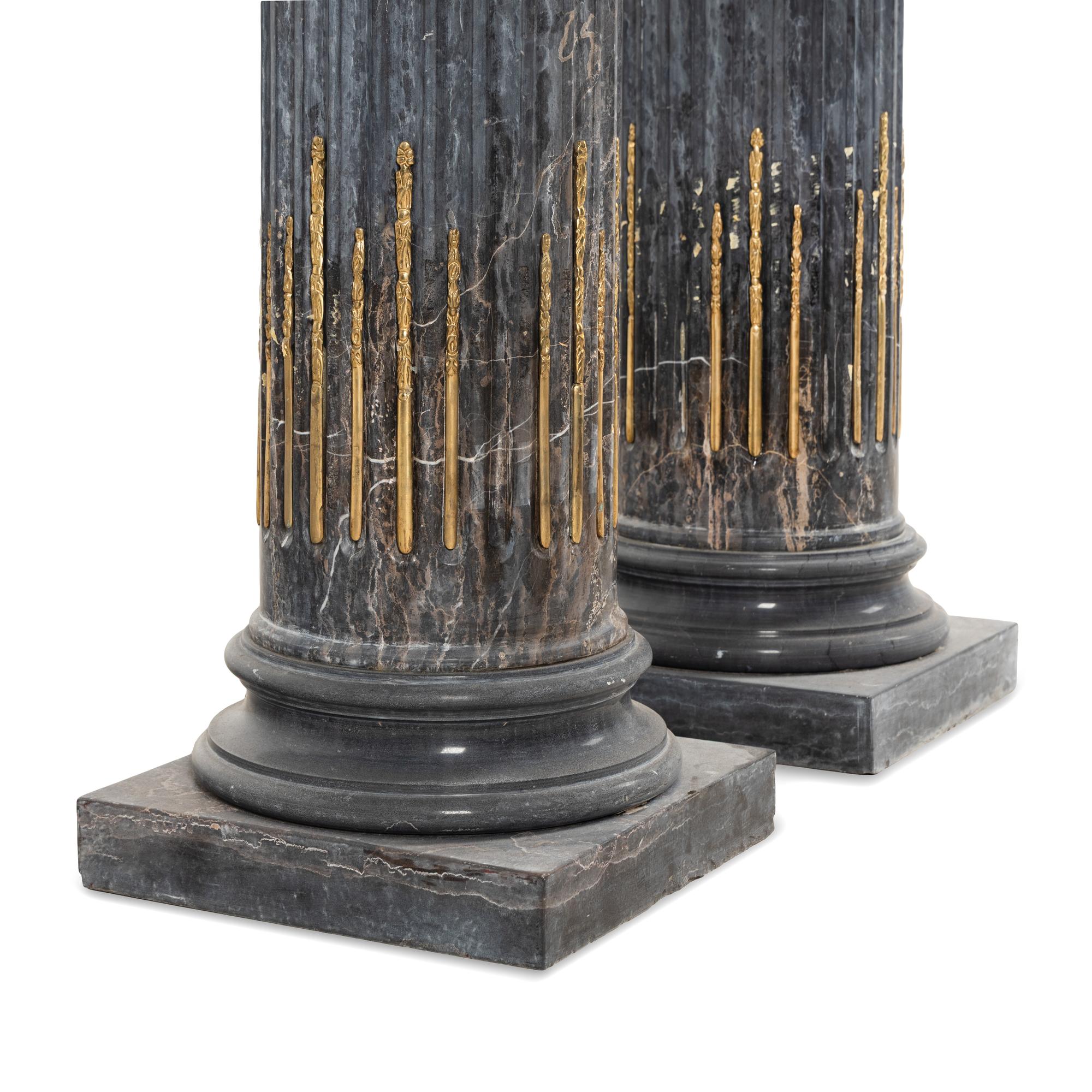 A Pair of Neoclassical Style Gilt Bronze Mounted Marble Pedestals