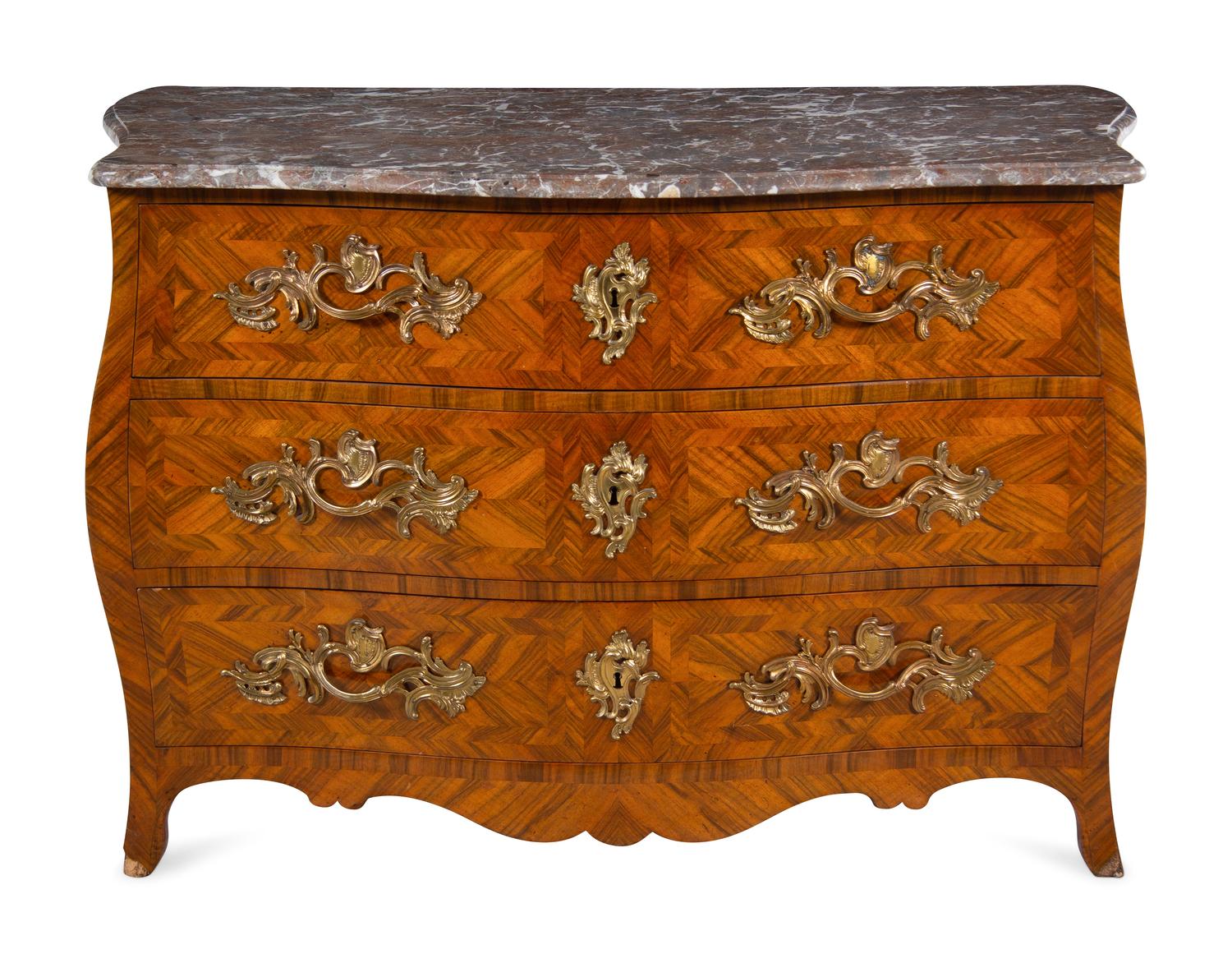 A Louis XV Gilt Bronze Mounted Parquetry Marble-Top Commode