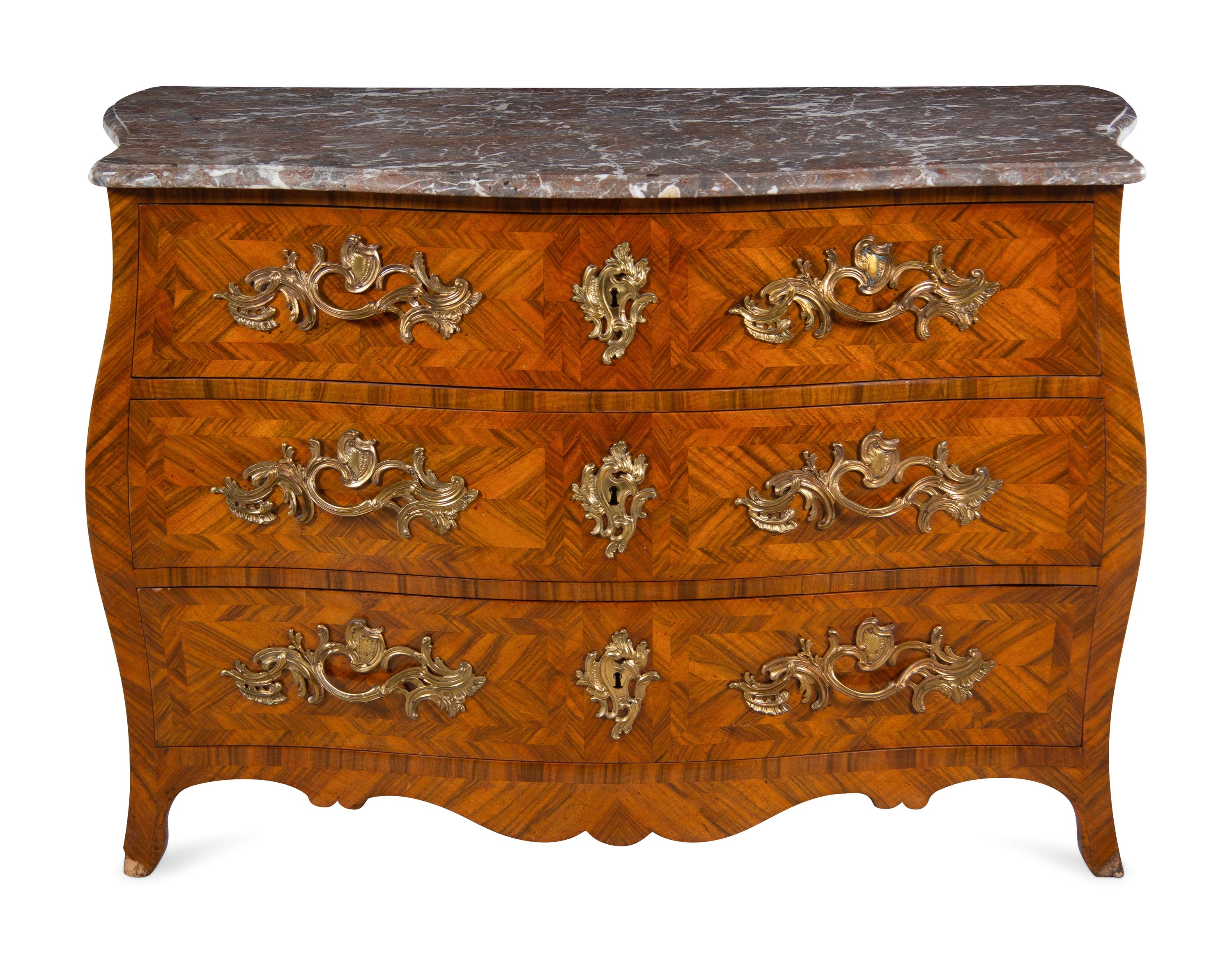 A Louis XV Gilt Bronze Mounted Parquetry Marble-Top Commode