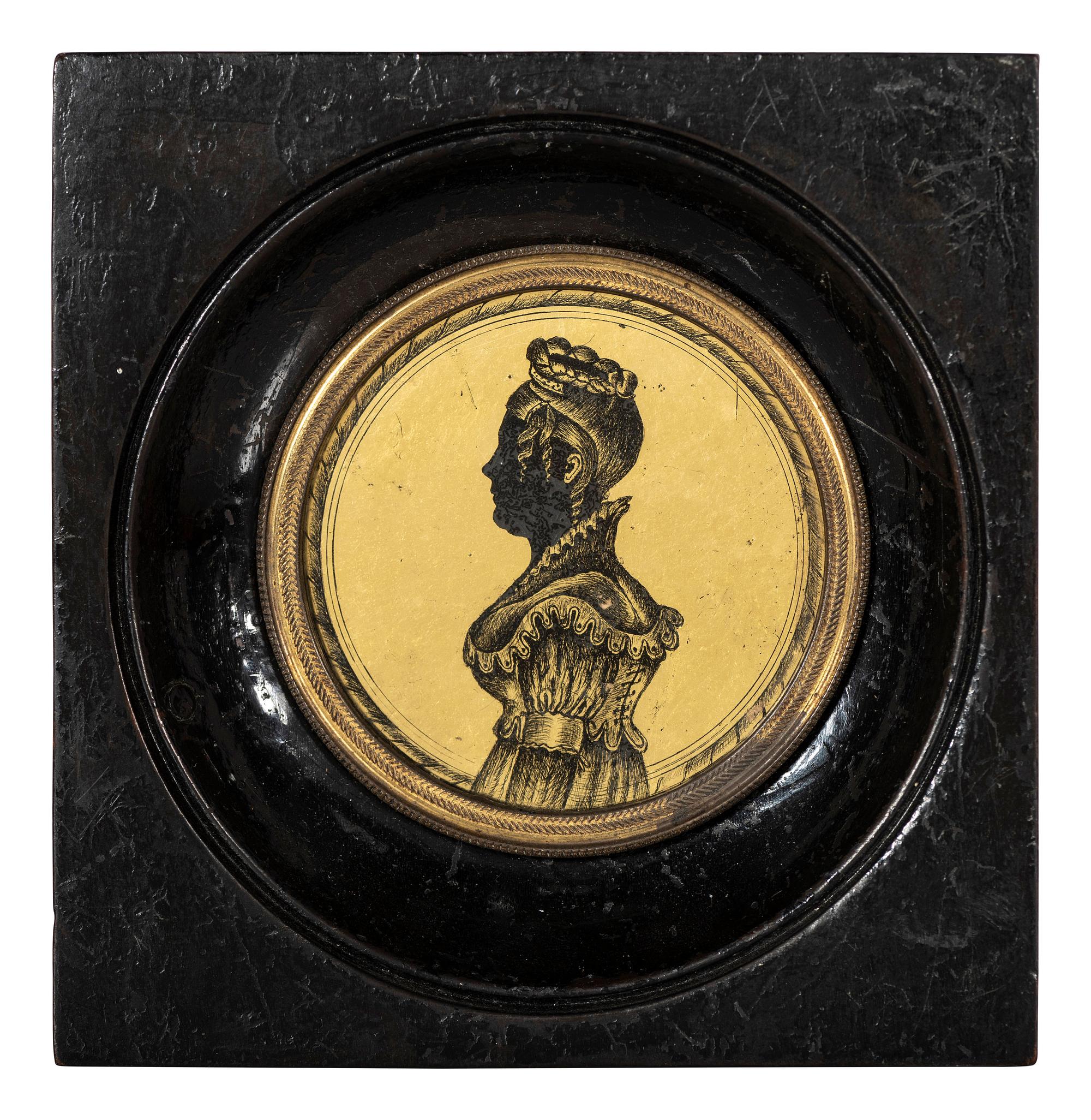 Six Verre Eglomise Silhouettes of Ladies