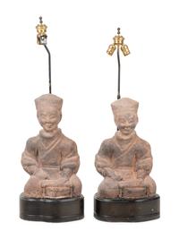 A Pair of Chinese Terra Cotta Figural Lamps