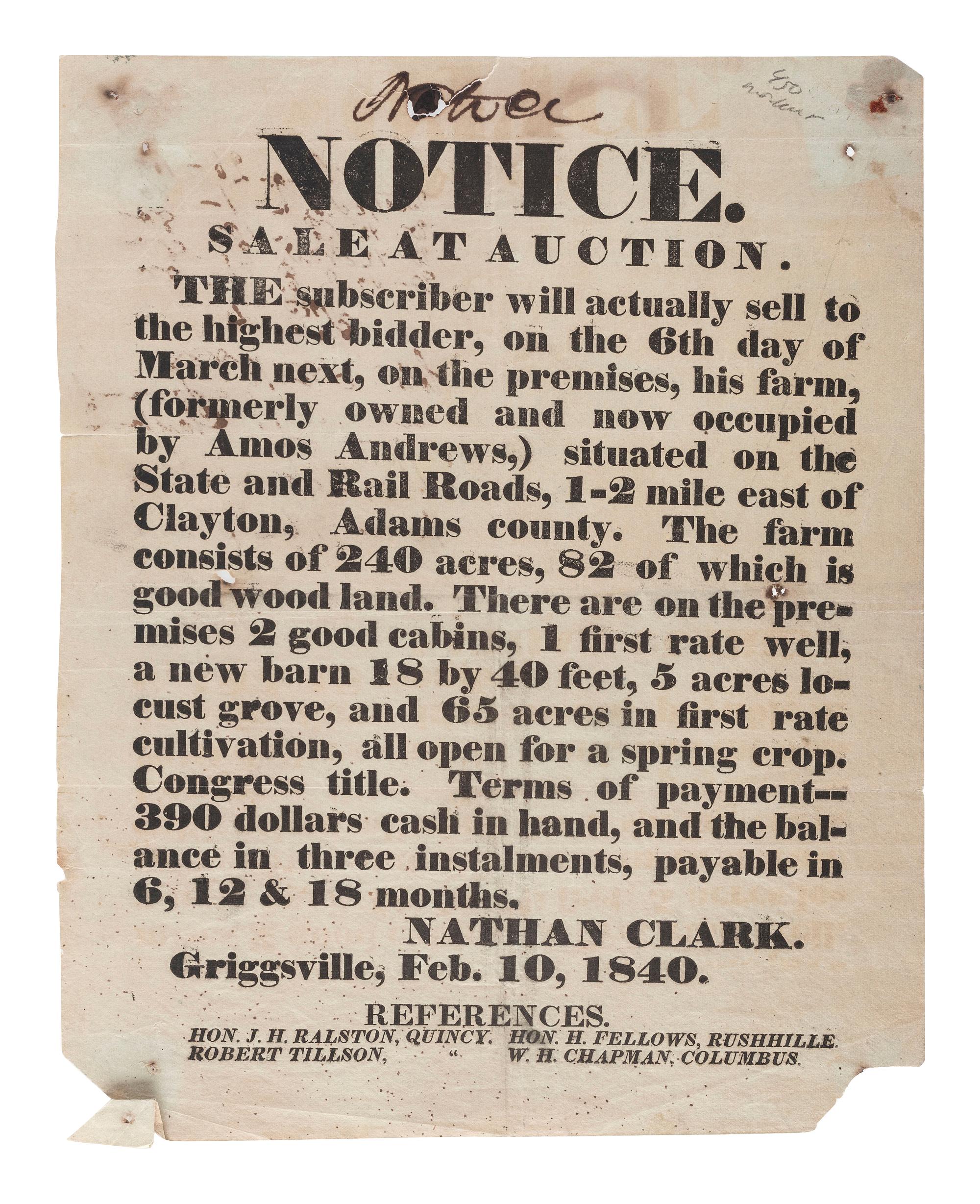[ILLINOIS]. A group of 5 early Illinois land sale broadsides, comprising: