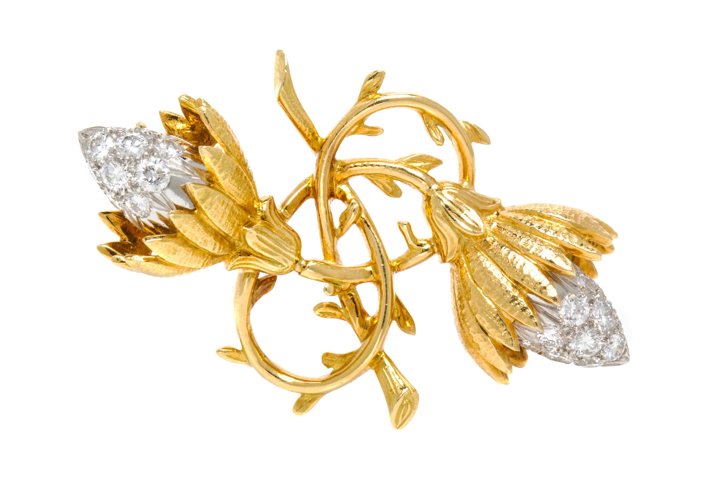 An 18 Karat Yellow Gold, Platinum and Diamond "Twin Buds" Brooch, Schlumberger for Tiffany & Co., 9.40 dwts.