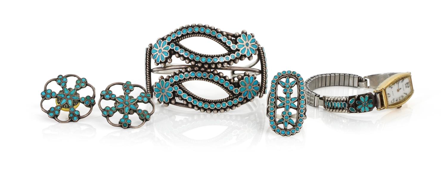 A Zuni Dishta Style Three Piece Set Length of bracelet 5 1/4 x opening 1 x width 1 3/4 inches.