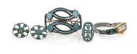 A Zuni Dishta Style Three Piece Set Length of bracelet 5 1/4 x opening 1 x width 1 3/4 inches.