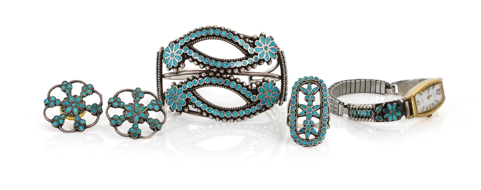 A Zuni Dishta Style Three Piece Set Length of bracelet 5 1/4 x opening 1 x width 1 3/4 inches.