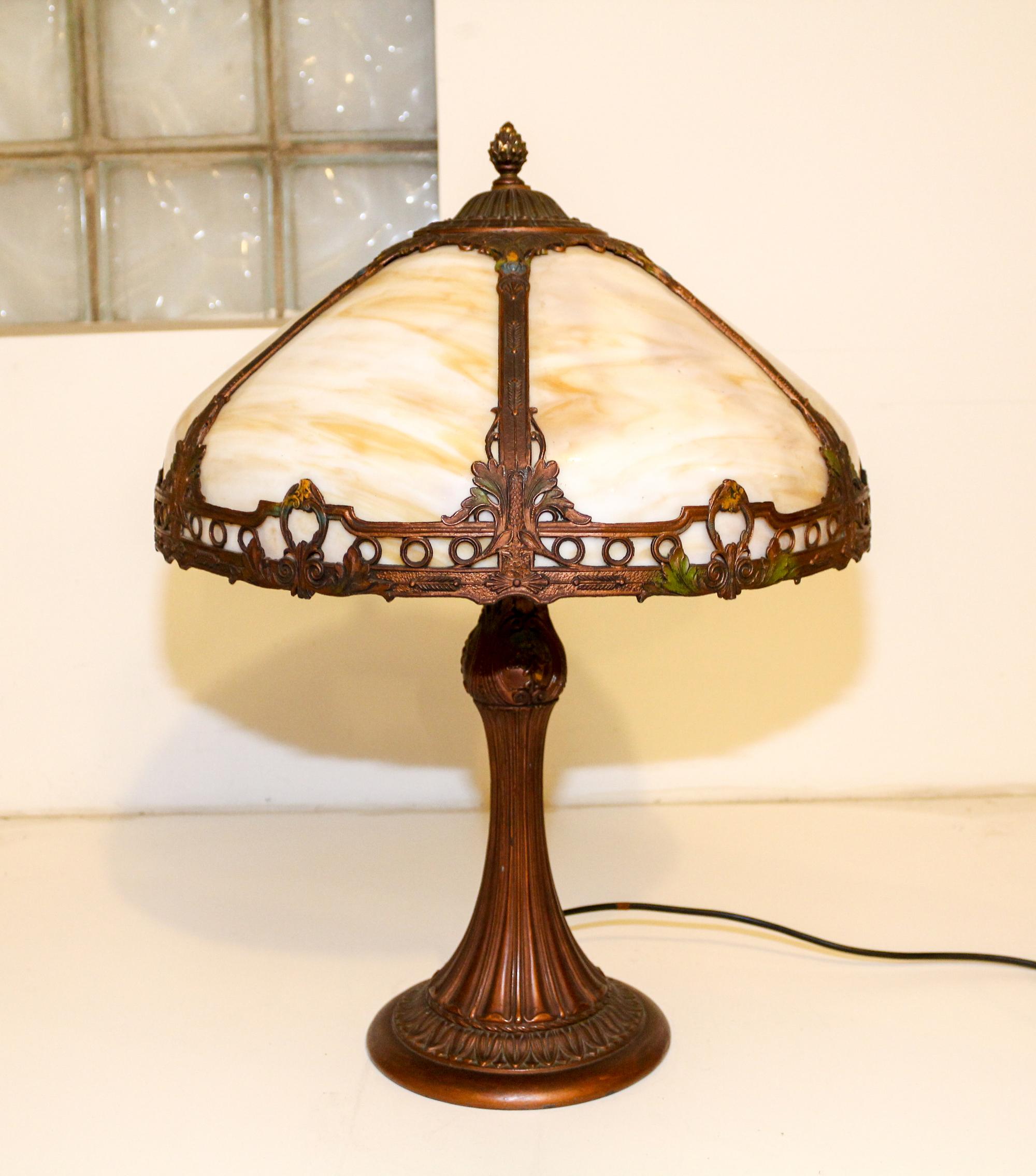 An American Slag Glass Table Lamp. Height 22 x diameter of shade 16 inches.