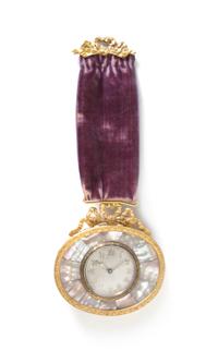 An Austrian Gilt Metal and Mother-of-Pearl Inlaid Pendant Clock, Width 3 3/4 inches.