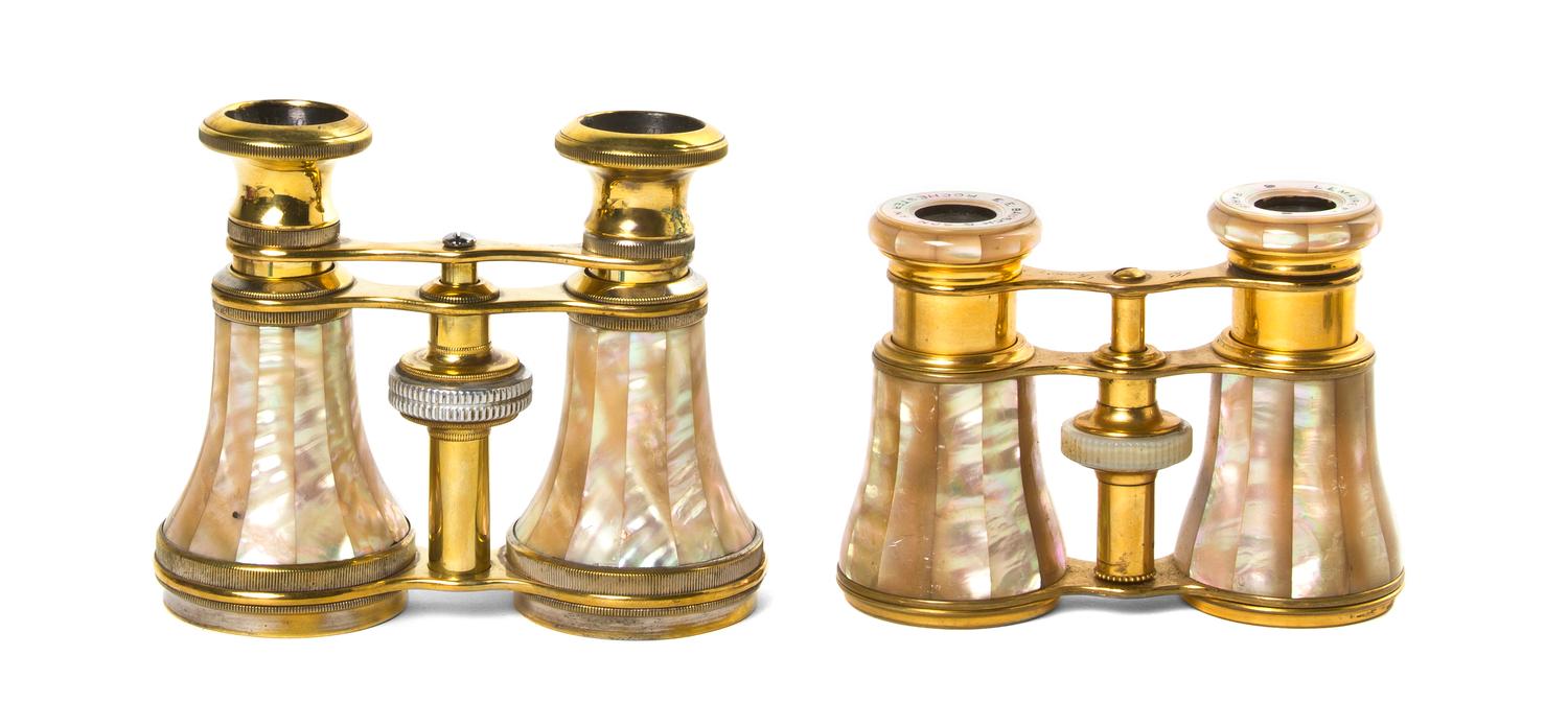 Two Pairs of French Mother-of-Pearl Opera Glasses, Width of wider 4 3/8 inches.