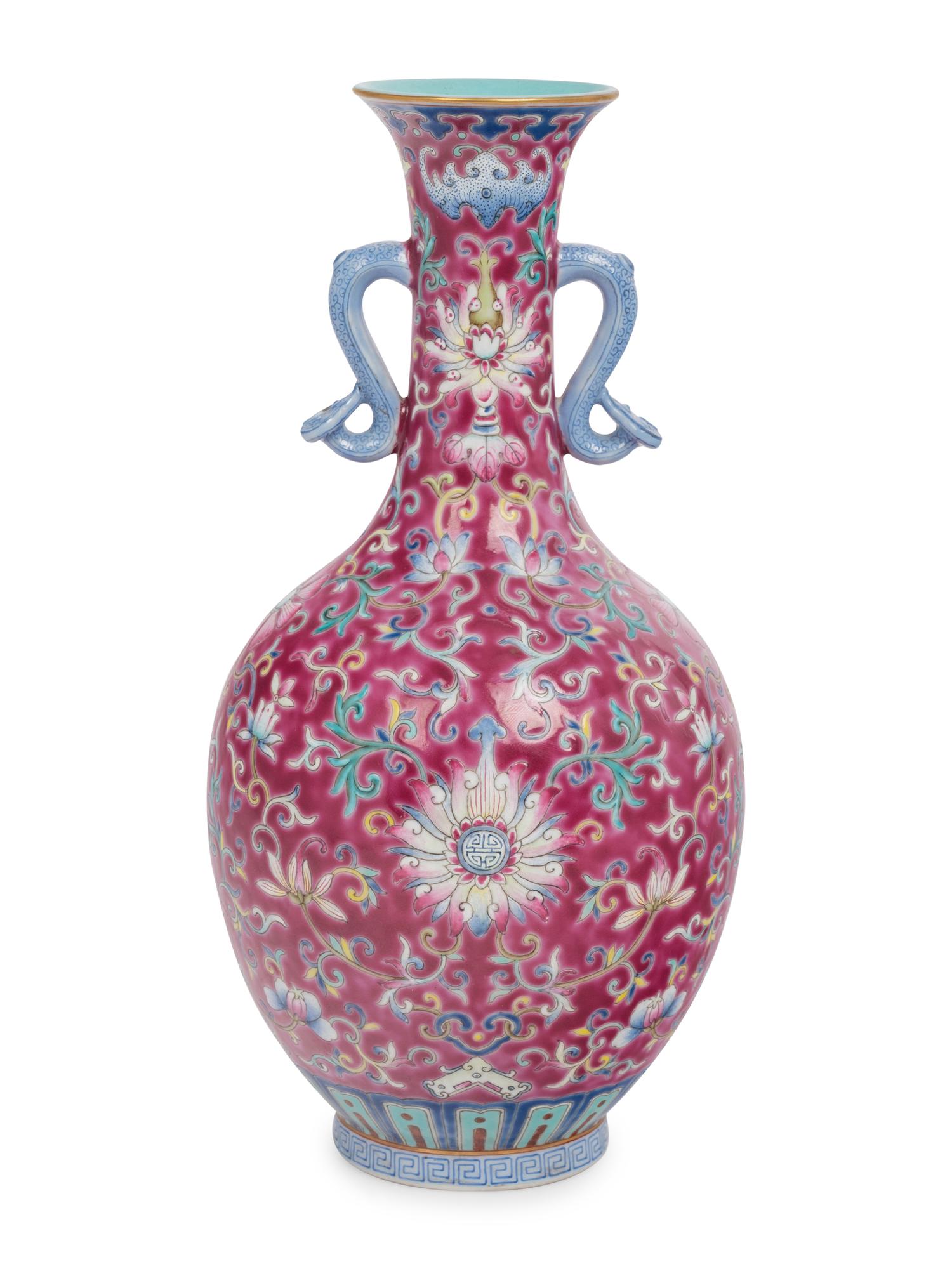 A Ruby Ground Famille Rose Porcelain Vase