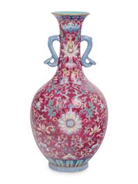A Ruby Ground Famille Rose Porcelain Vase