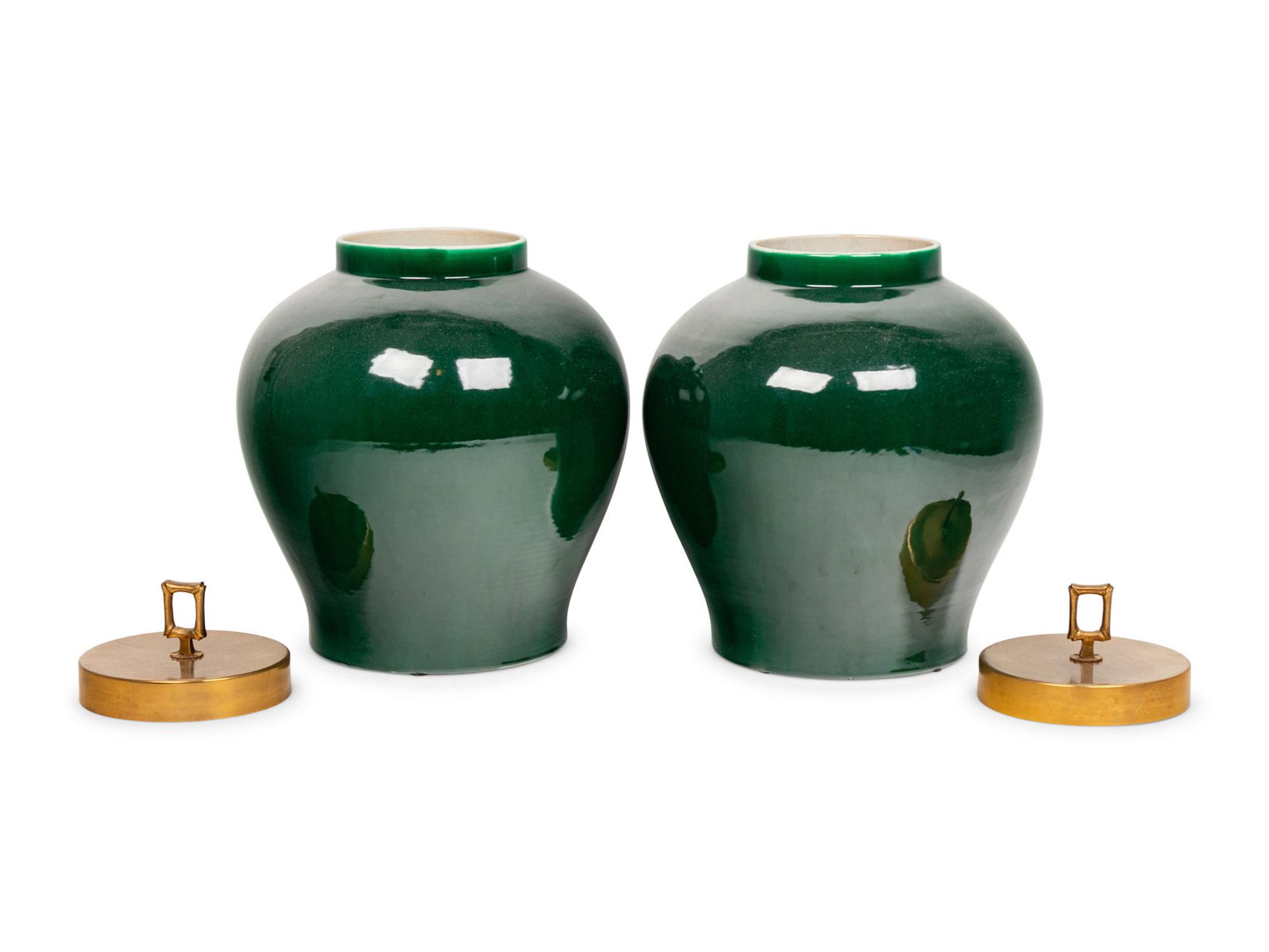 A Pair of Contemporary Green Glazed Porcelain Jars with Brass Lids