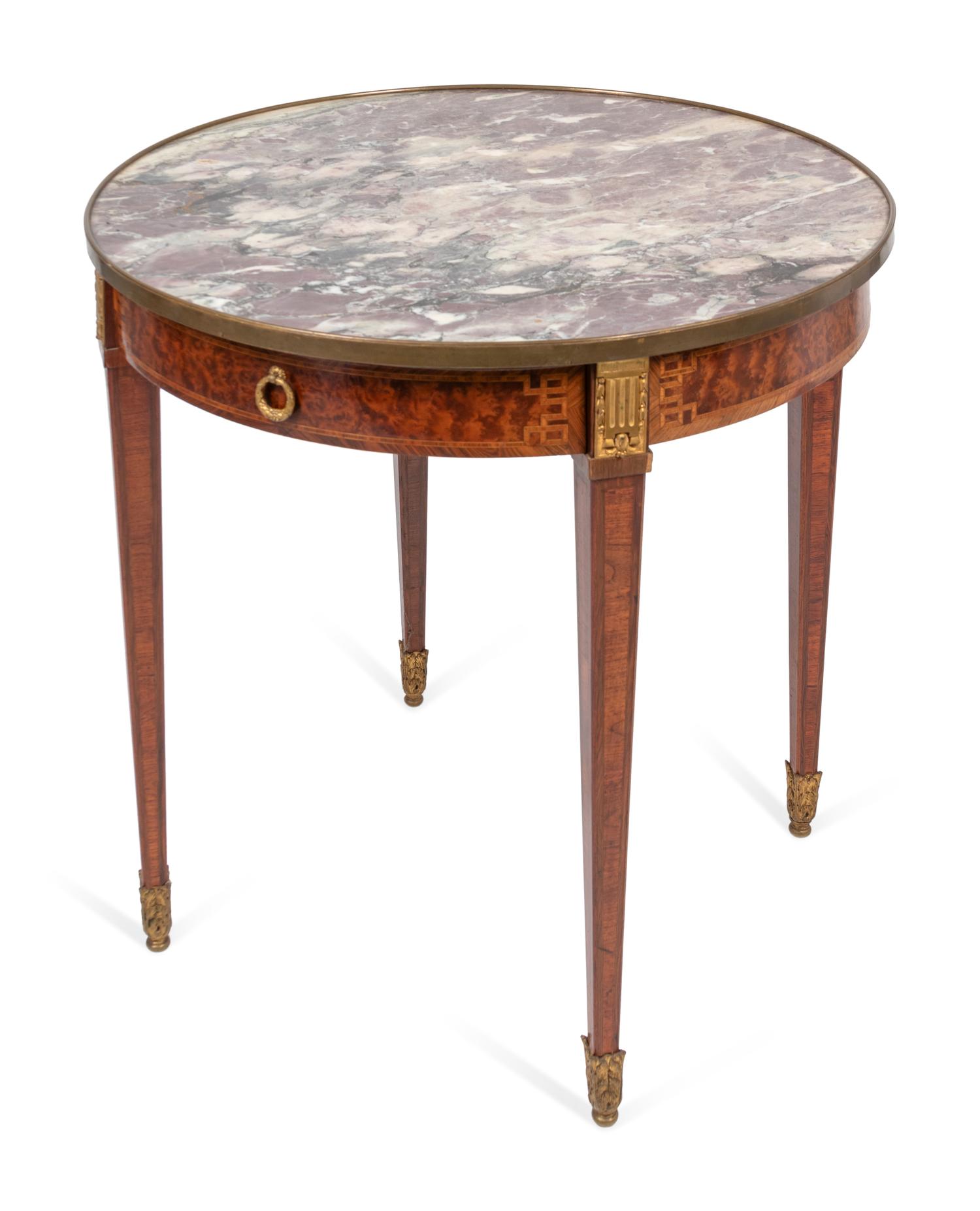 A Louis XVI Style Inlaid Marble Top Bouillotte Table
