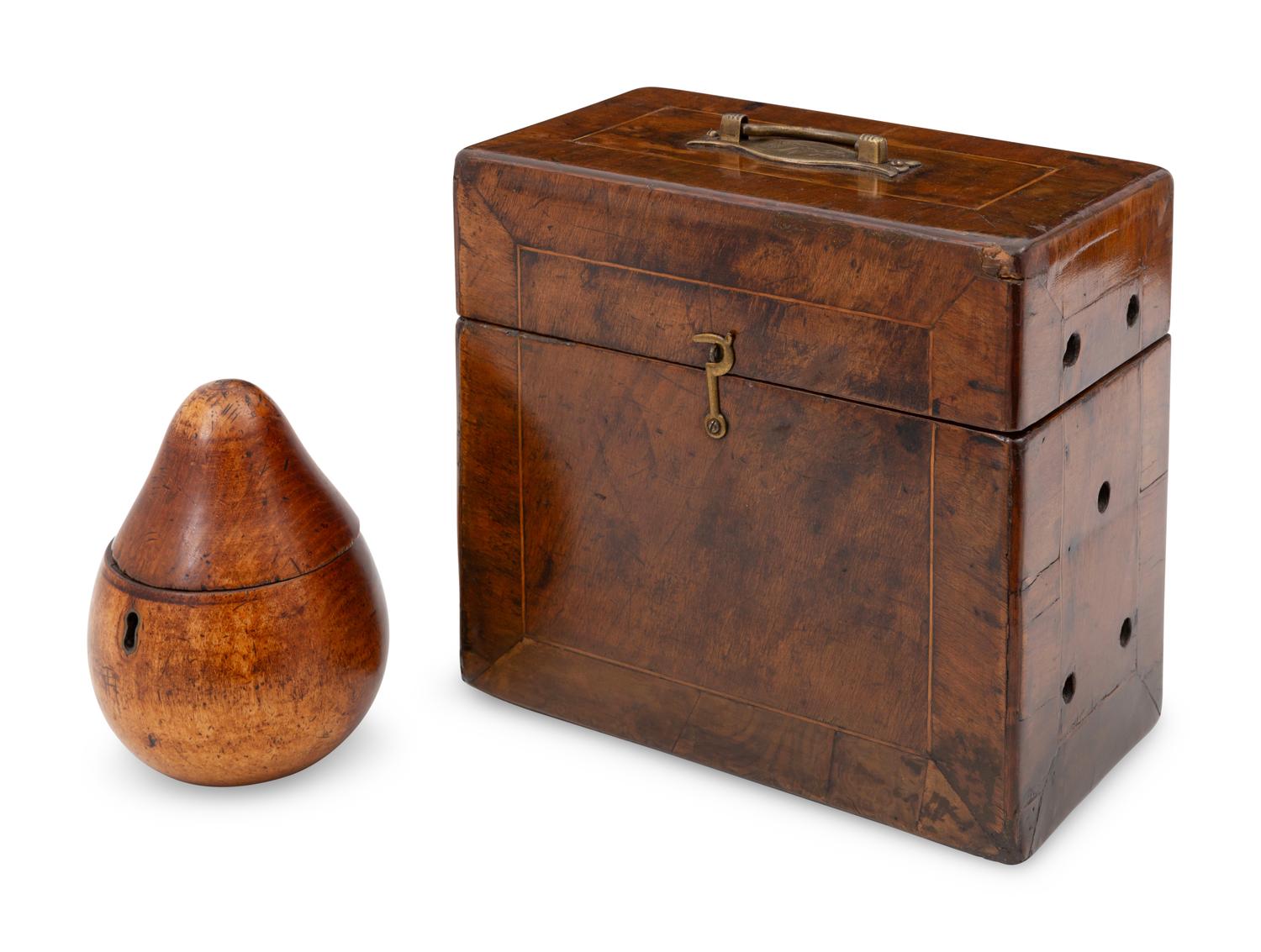 An English Walnut Finch Cage with Fitted Case and a George III Fruitwood Pear-Form Tea Caddy