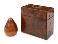 An English Walnut Finch Cage with Fitted Case and a George III Fruitwood Pear-Form Tea Caddy