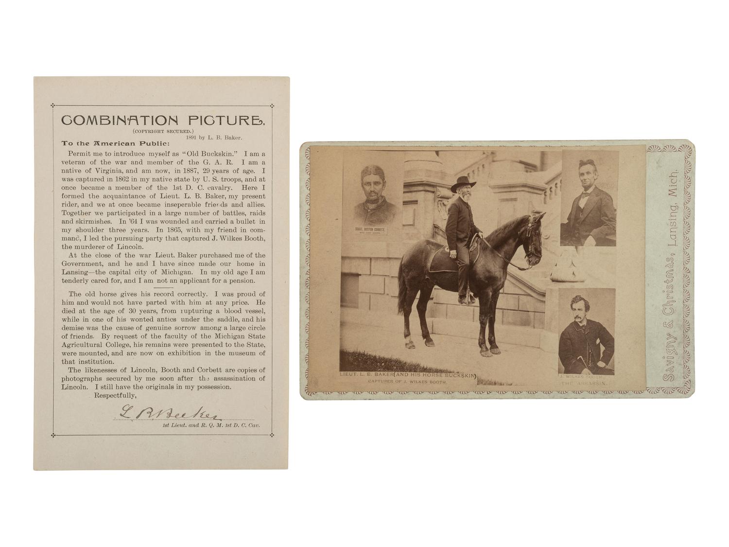 [LINCOLN ASSASSINATION]. Composite photograph with document signed by Lt. Luther B. Baker, the detective involved in the capture of John Wilkes Booth.