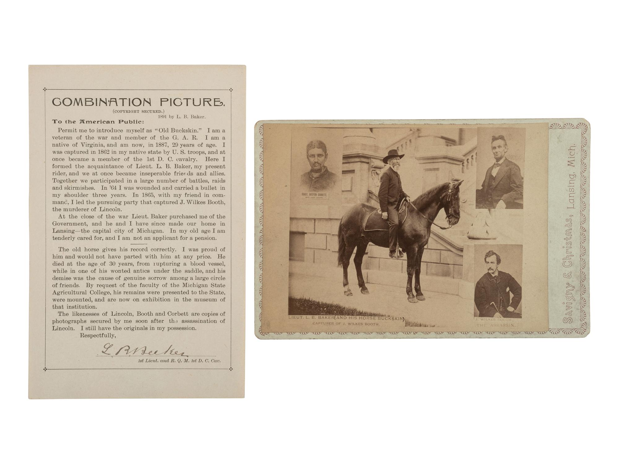 [LINCOLN ASSASSINATION]. Composite photograph with document signed by Lt. Luther B. Baker, the detective involved in the capture of John Wilkes Booth.