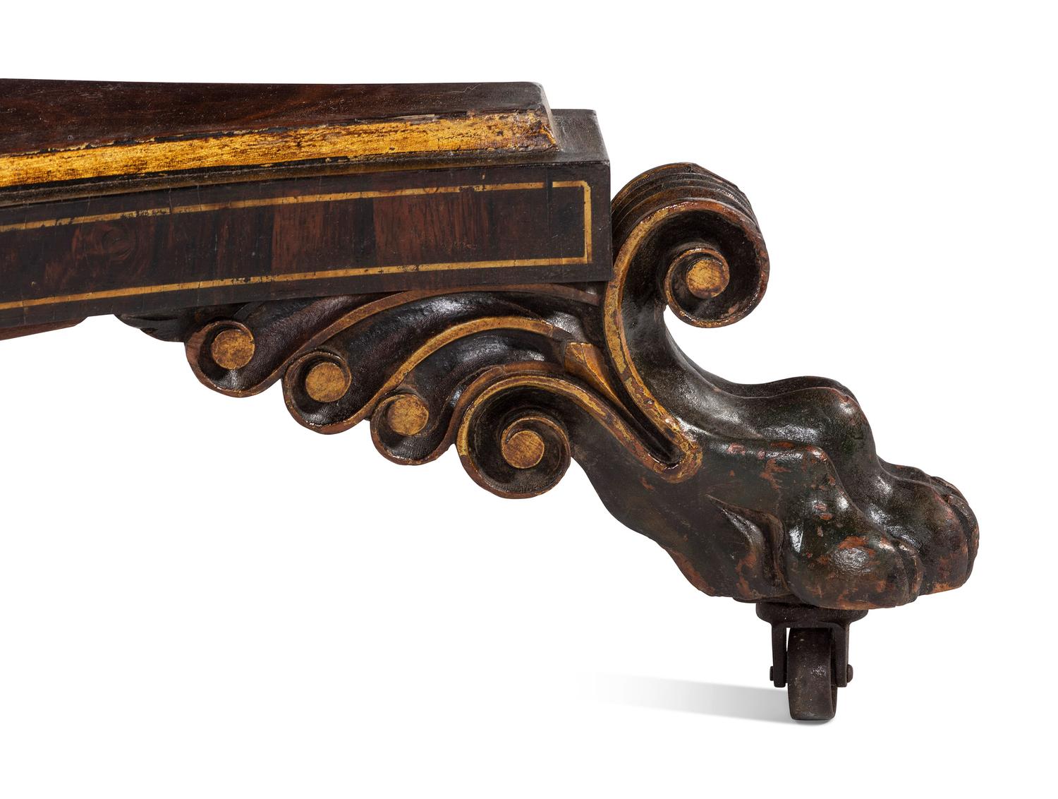 A Classical Parcel Gilt, Stencil Decorated, Carved and Inlaid Mahogany Tilt-Top Claw-Foot Breakfast Table