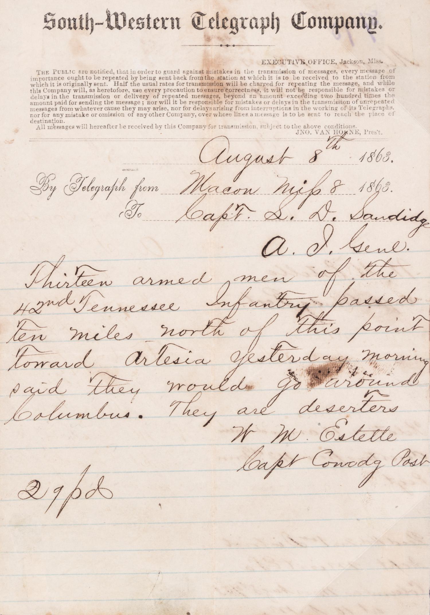 (CIVIL WAR; MISSISSIPPI) Six telegrams sent between June 17, 1862 and August 8, 1863.