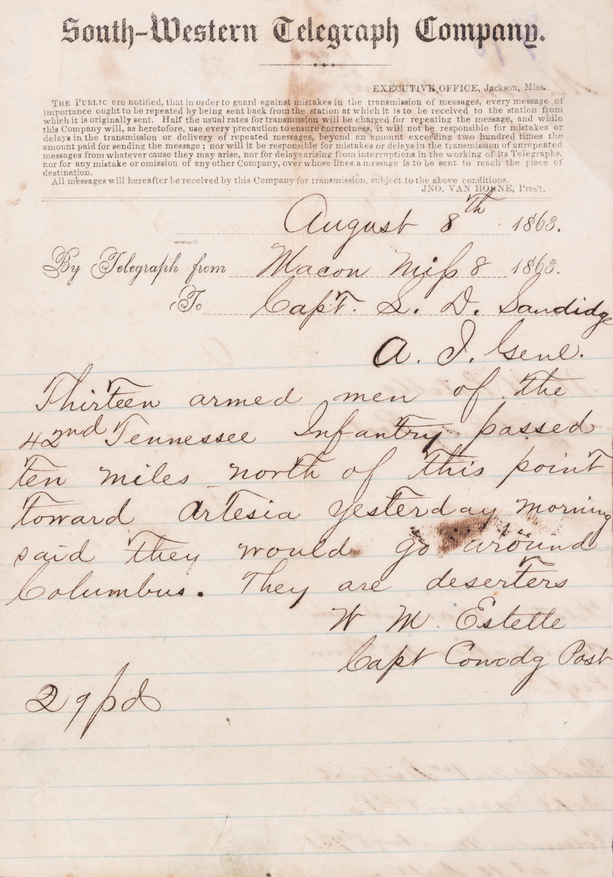 (CIVIL WAR; MISSISSIPPI) Six telegrams sent between June 17, 1862 and August 8, 1863.