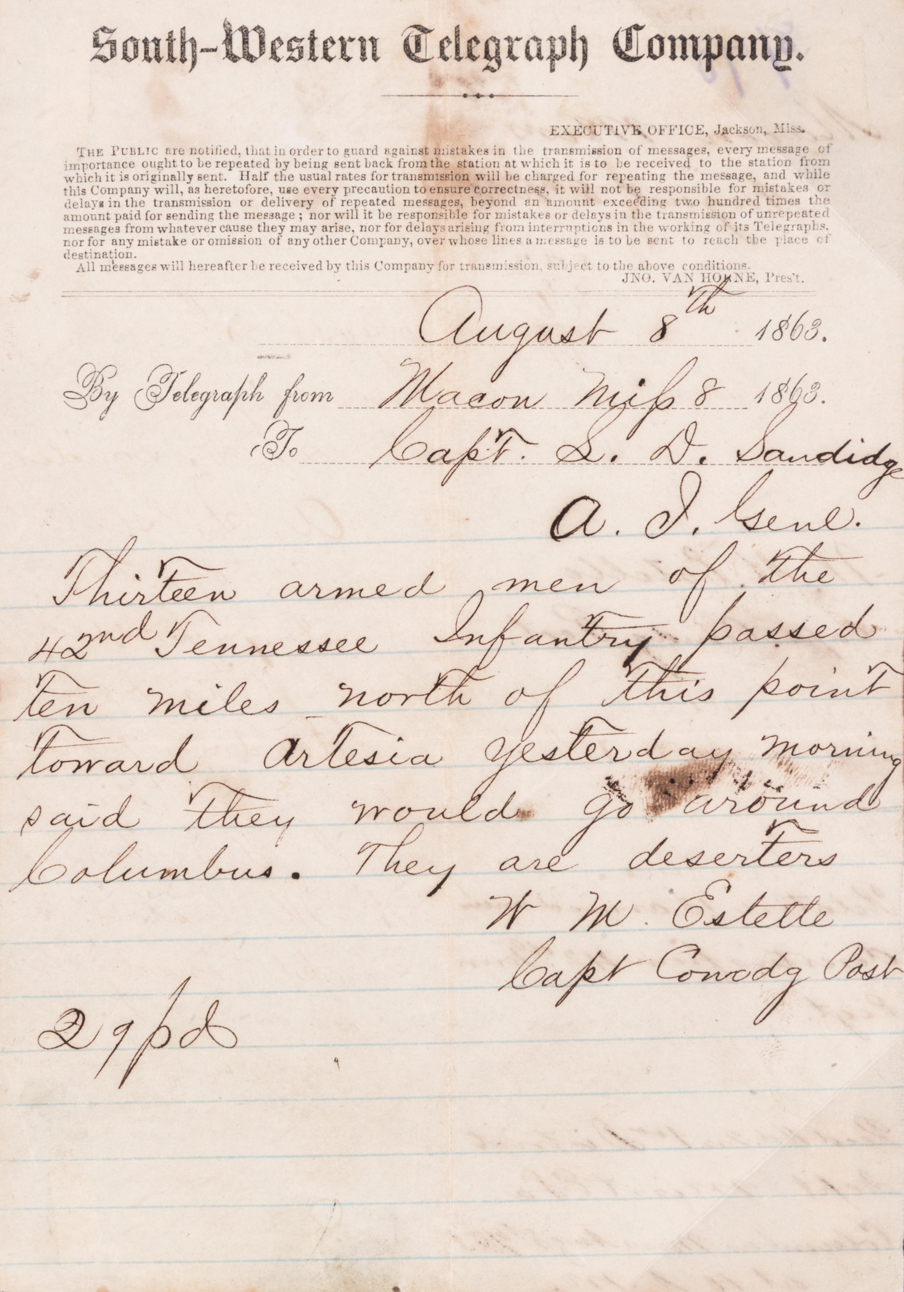 (CIVIL WAR; MISSISSIPPI) Six telegrams sent between June 17, 1862 and August 8, 1863.