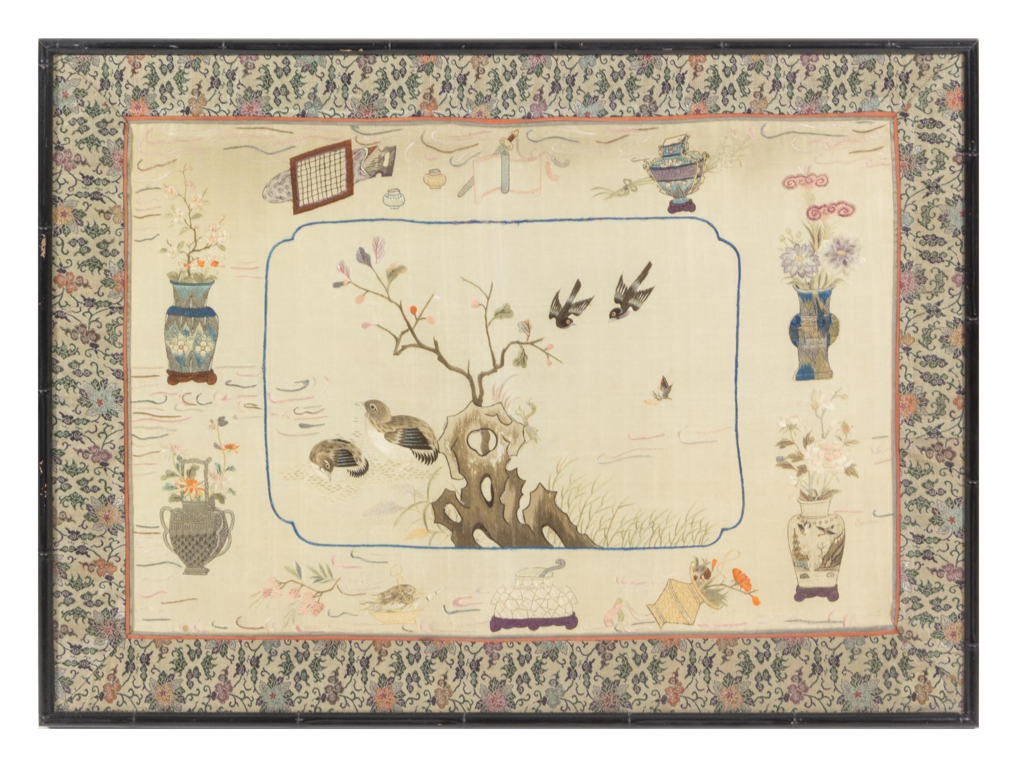 Three Chinese Embroidered Silk Panels — 19TH CENTURY