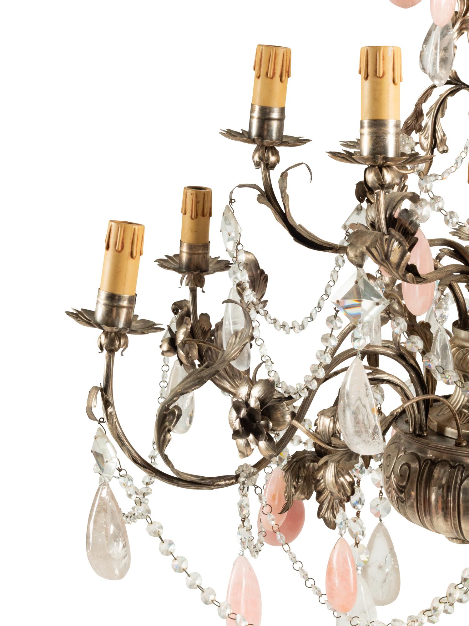 An Italian Silvered Tôle, Rose Quartz and Rock Crystal Twelve-Light Chandelier