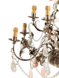 An Italian Silvered Tôle, Rose Quartz and Rock Crystal Twelve-Light Chandelier
