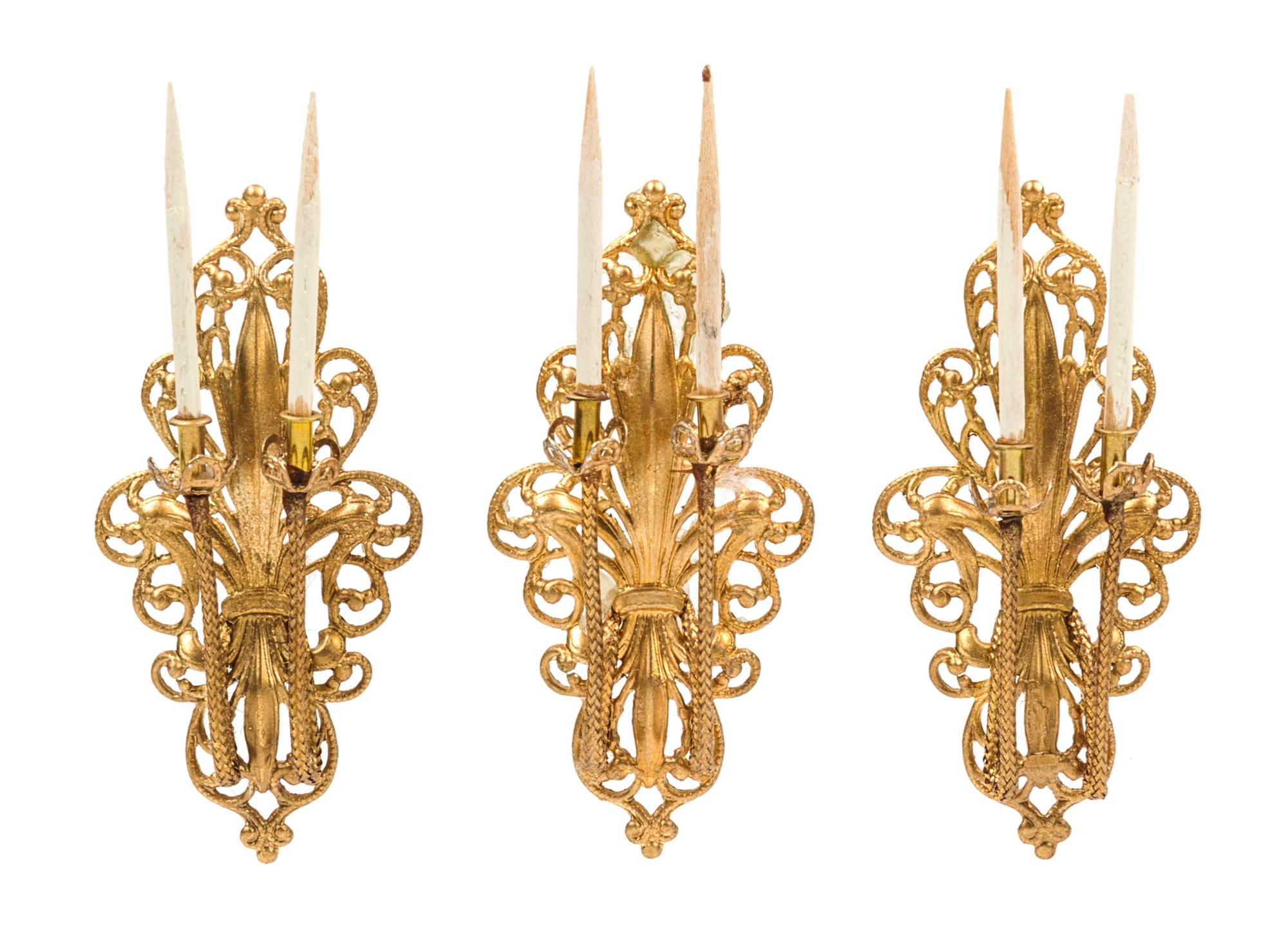 Three Gilt Metal Two-Light Wall Sconces