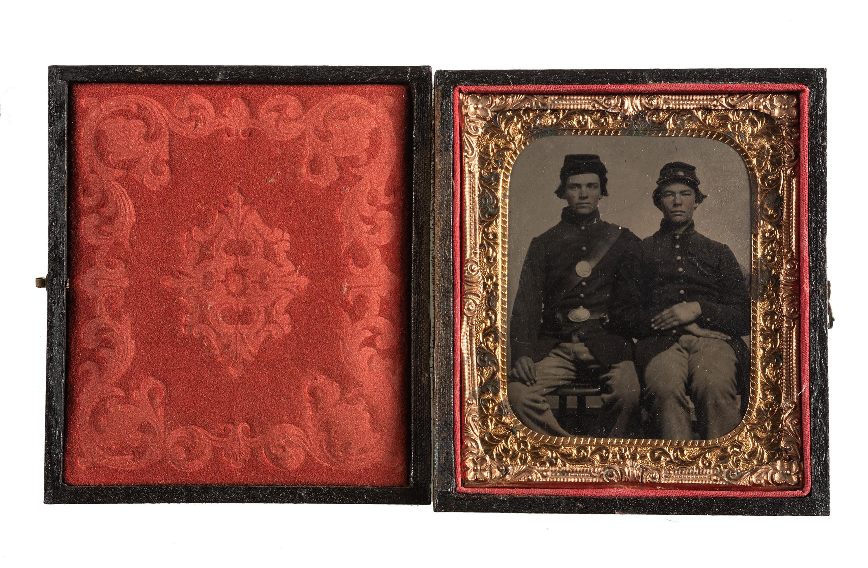 [CIVIL WAR - PHOTOGRAPHY]. Sixth plate tintype of a pair of federal infantrymen in full kit.
