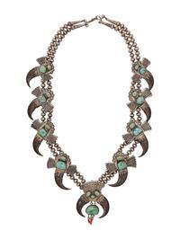 Navajo Silver, Turquoise, and Claw Squash Blossom Necklace