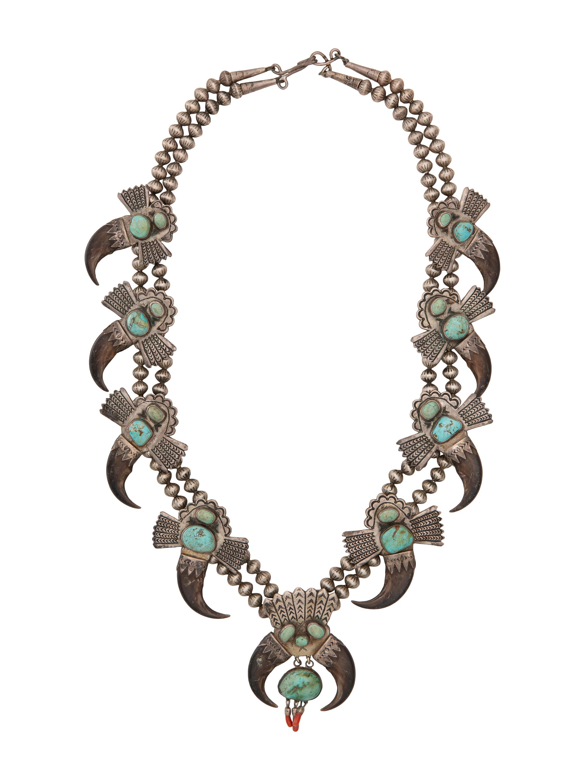 Navajo Silver, Turquoise, and Claw Squash Blossom Necklace