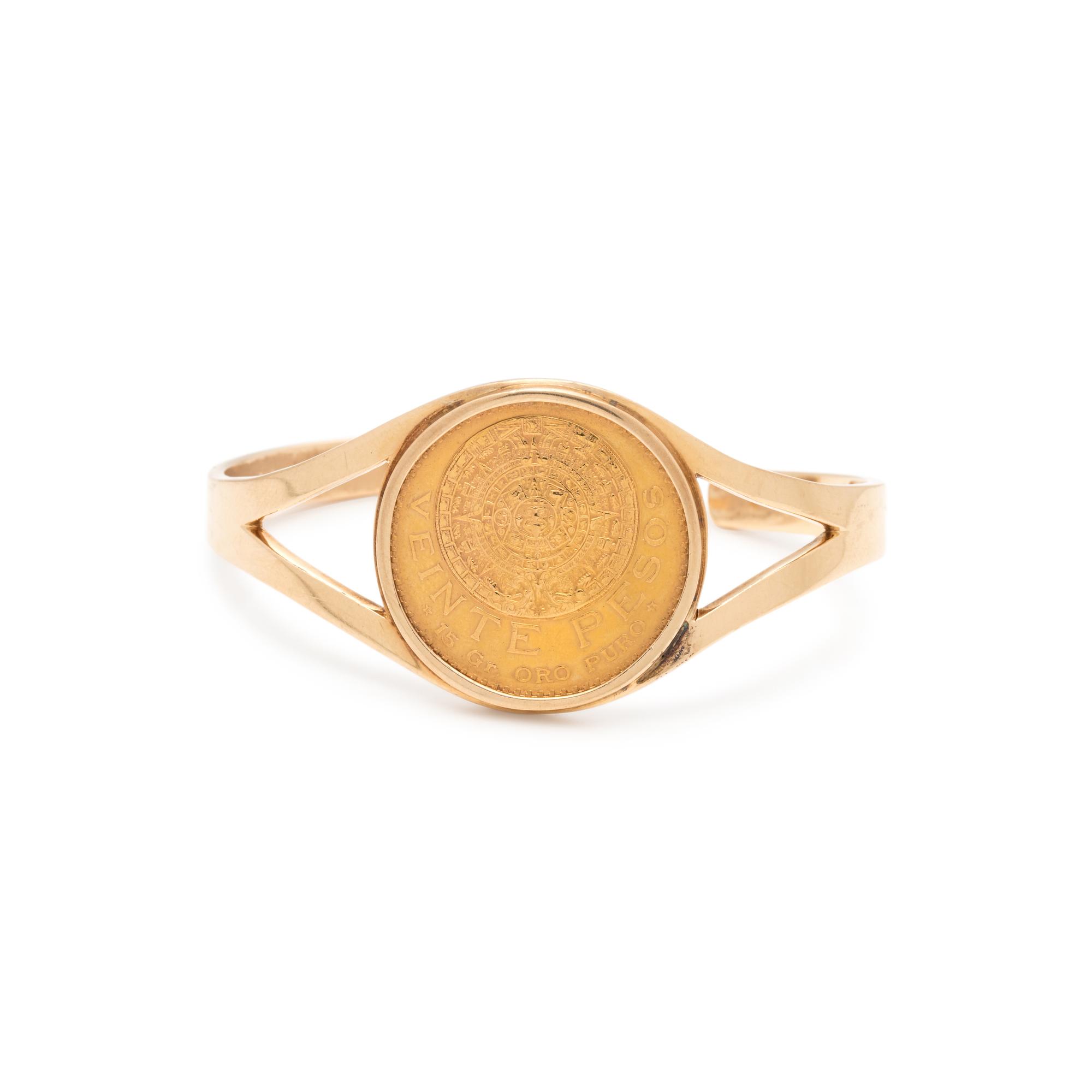 YELLOW GOLD AND MEXICAN 20 PESOS COIN CUFF BRACELET