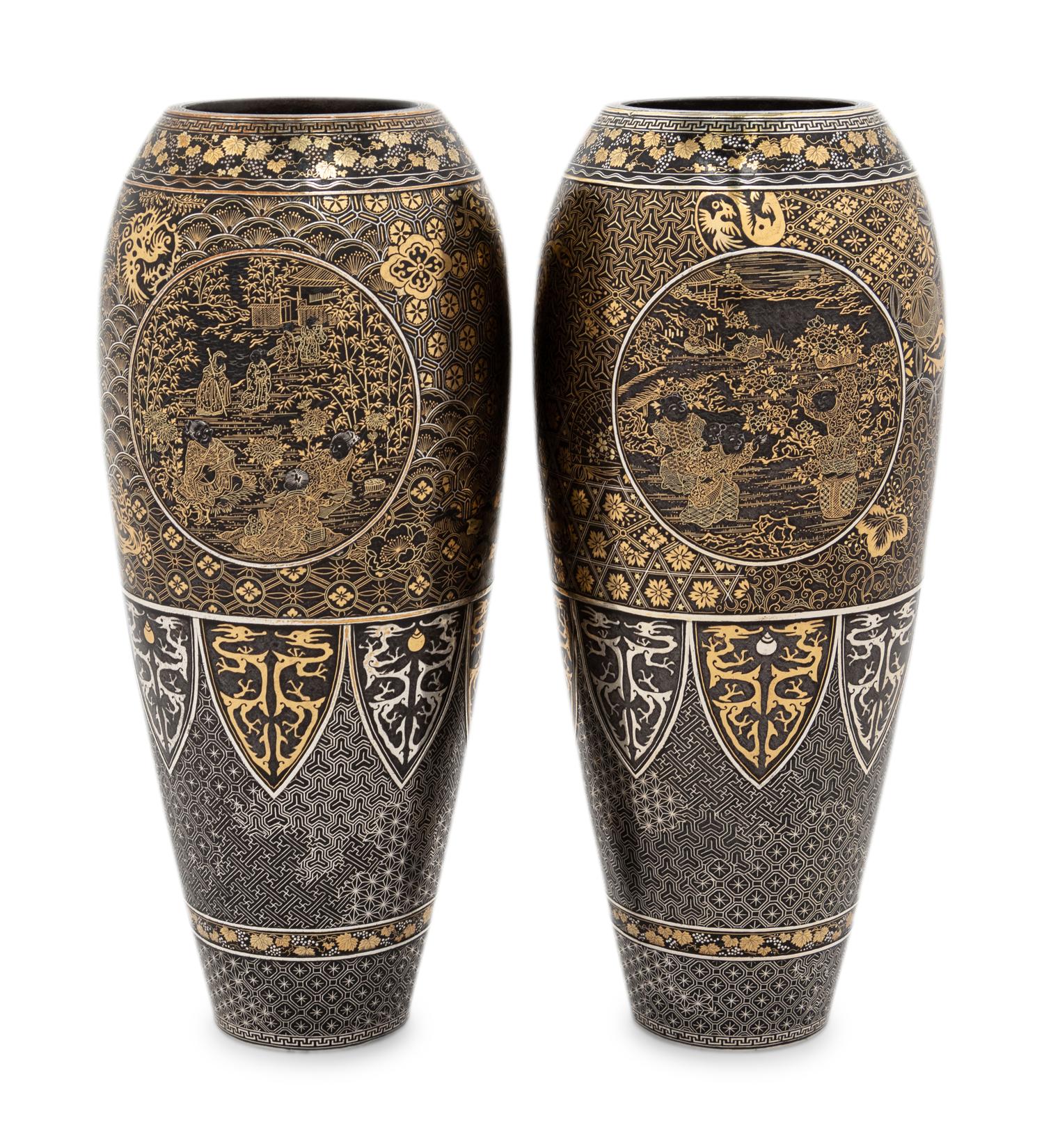 A Pair of Japanese Inlaid Iron 'Komai' Vases
