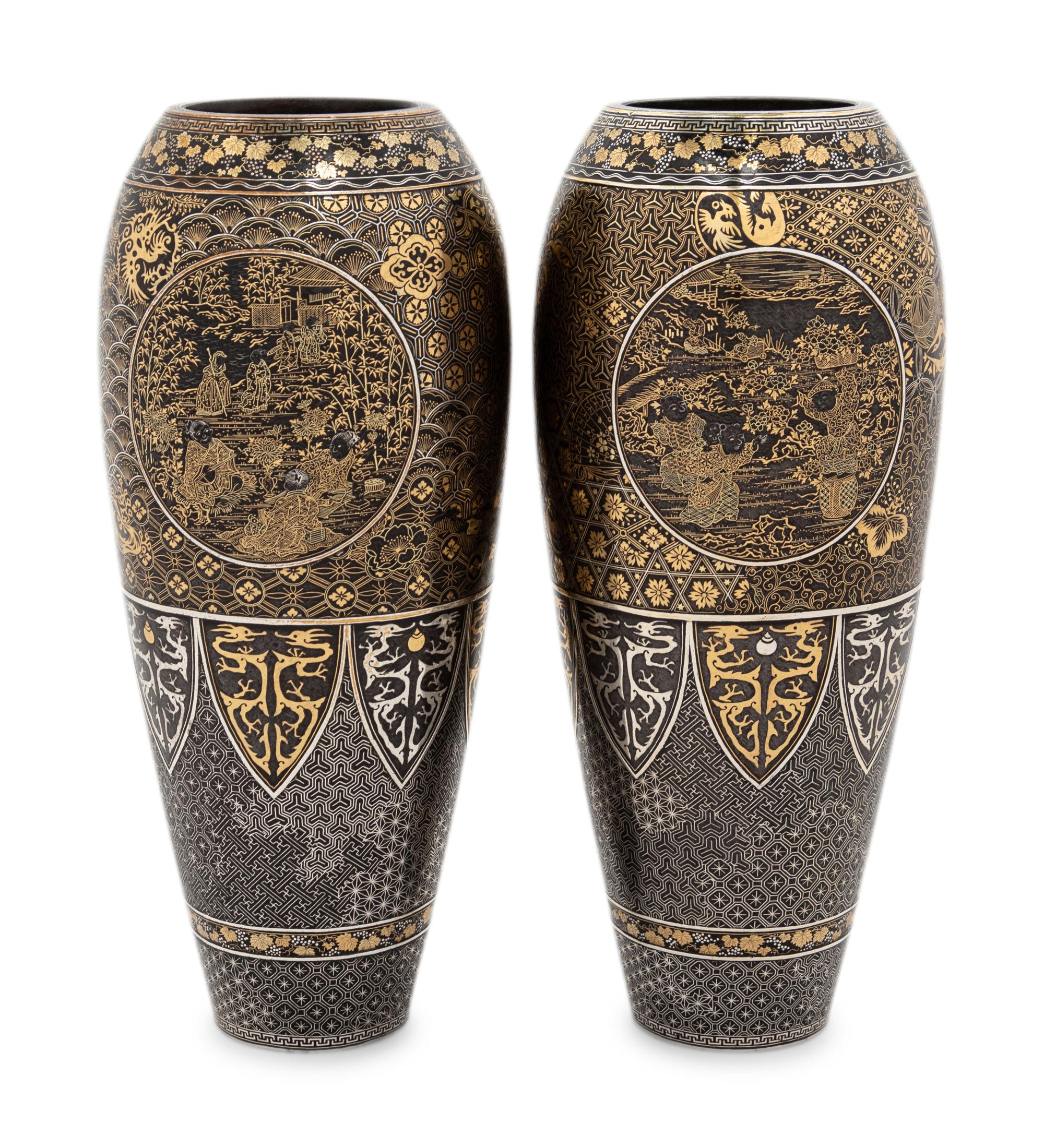 A Pair of Japanese Inlaid Iron 'Komai' Vases
