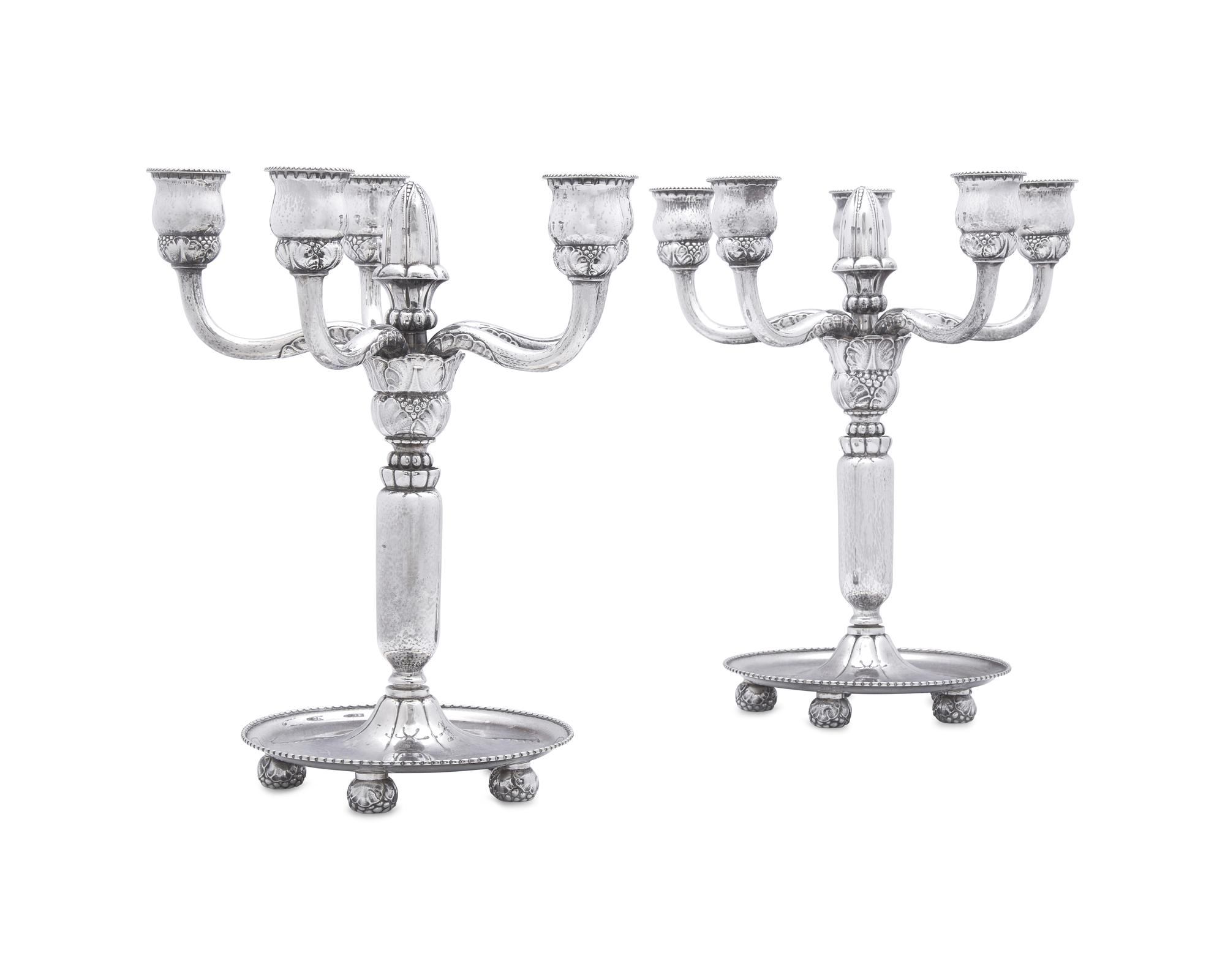 A Pair of Georg Jensen Silver Five-Light Candelabra