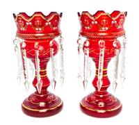 A Pair of Enameled Ruby Glass Girandoles, Height 14 inches.