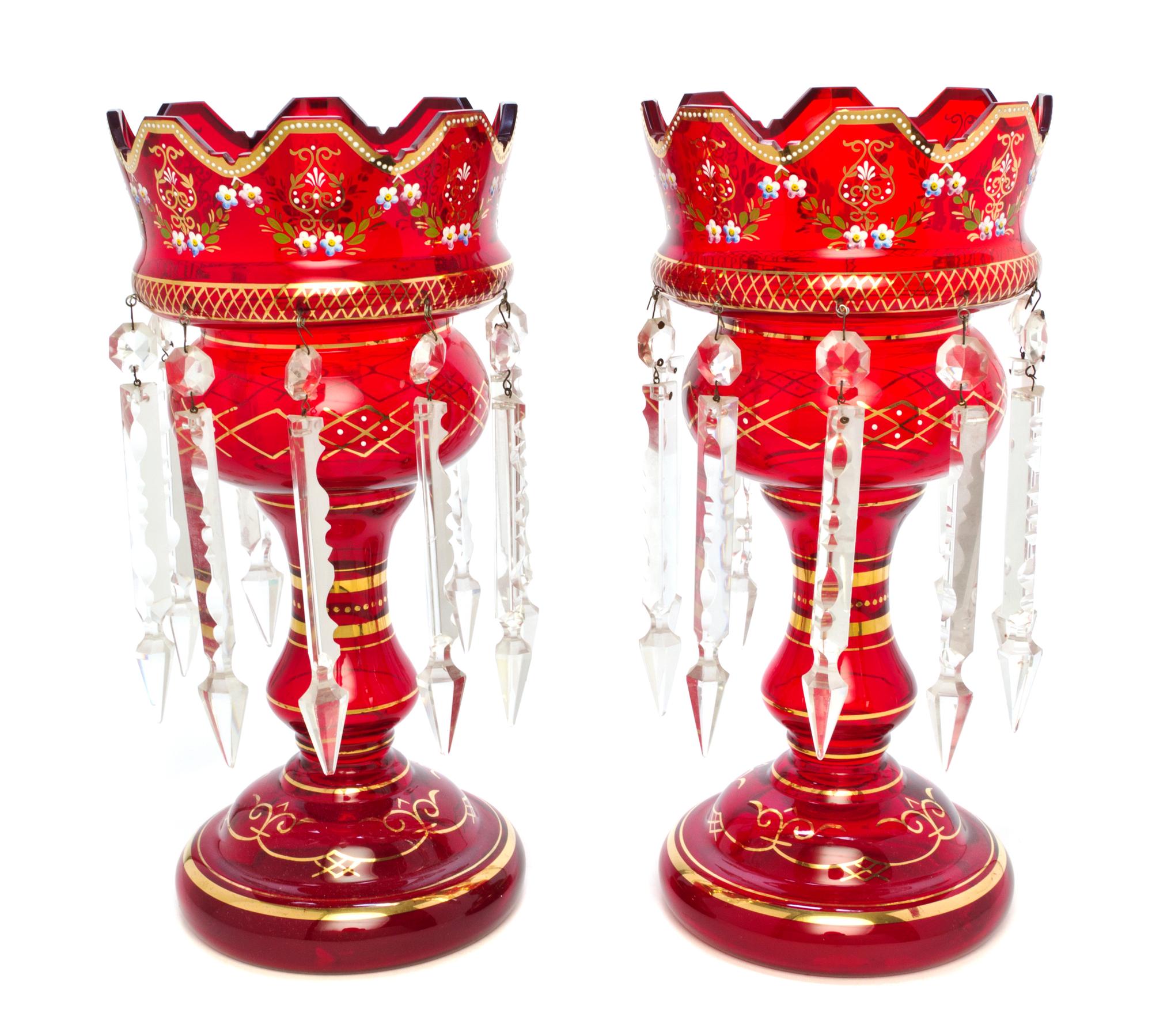 A Pair of Enameled Ruby Glass Girandoles, Height 14 inches.