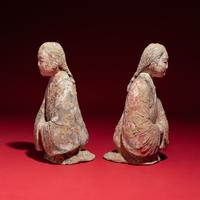 A Pair of Chinese Painted Pottery Kneeling Ladies, Western Han Dynasty — 西漢 陶彩繪跽坐女樂俑一對
