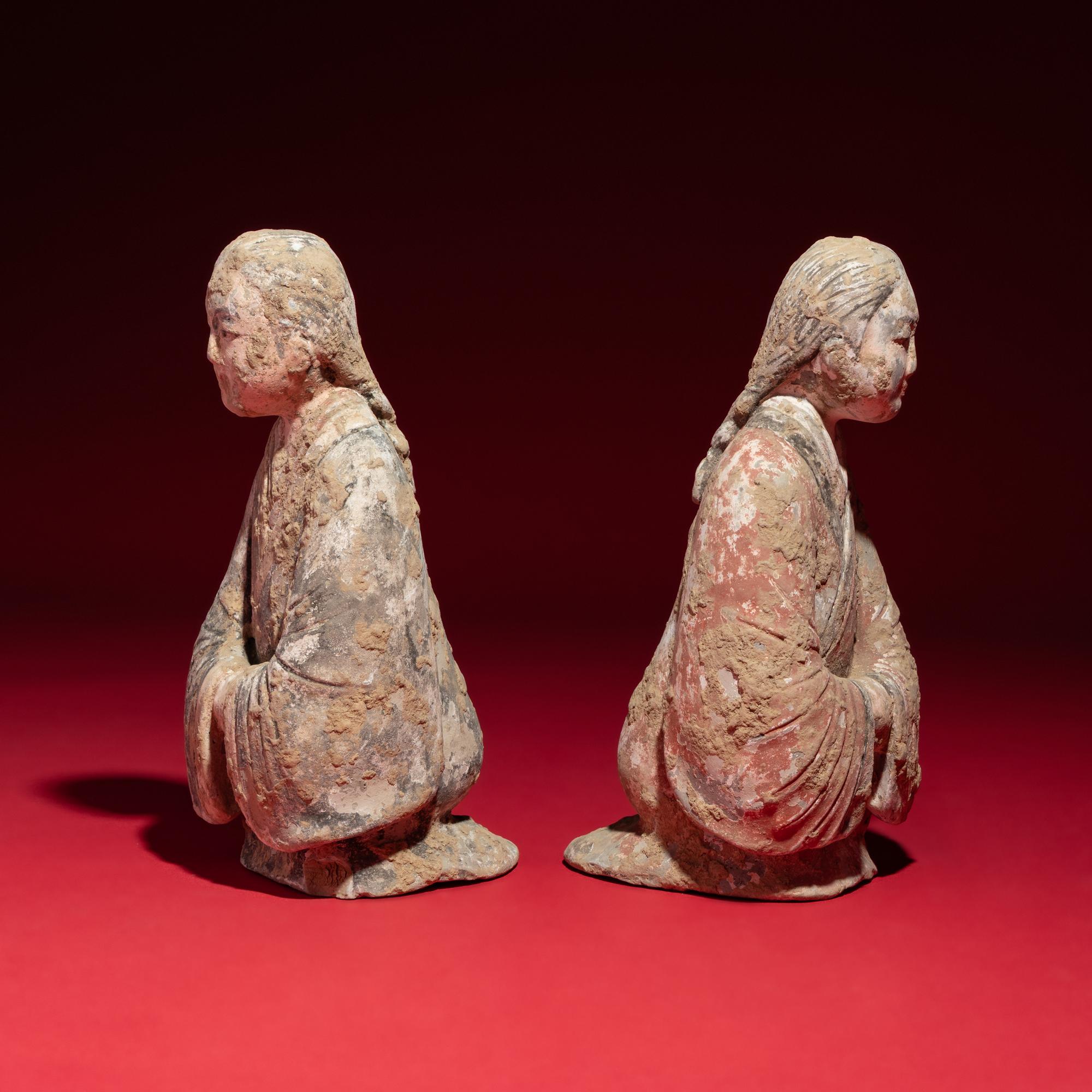 A Pair of Chinese Painted Pottery Kneeling Ladies, Western Han Dynasty — 西漢 陶彩繪跽坐女樂俑一對