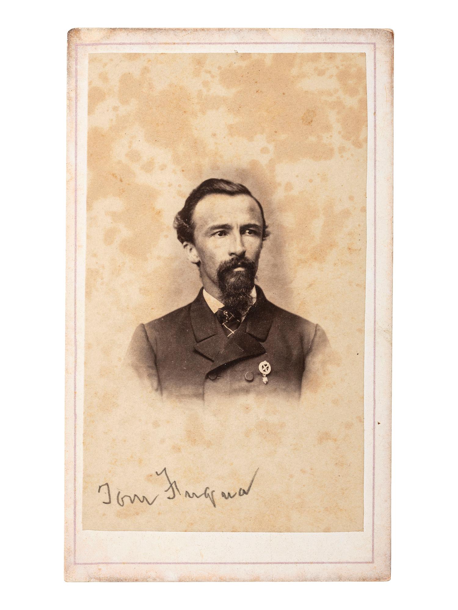 [CIVIL WAR]. MOSES & PIFFET, photographers. Autographed CDV of Confederate artillerist Thomas H. Fuqua, 3rd Company, Washington Artillery of New Orleans, wearing the unit's gold pin on his jacket. New Orleans, LA: ca 1864-1865.