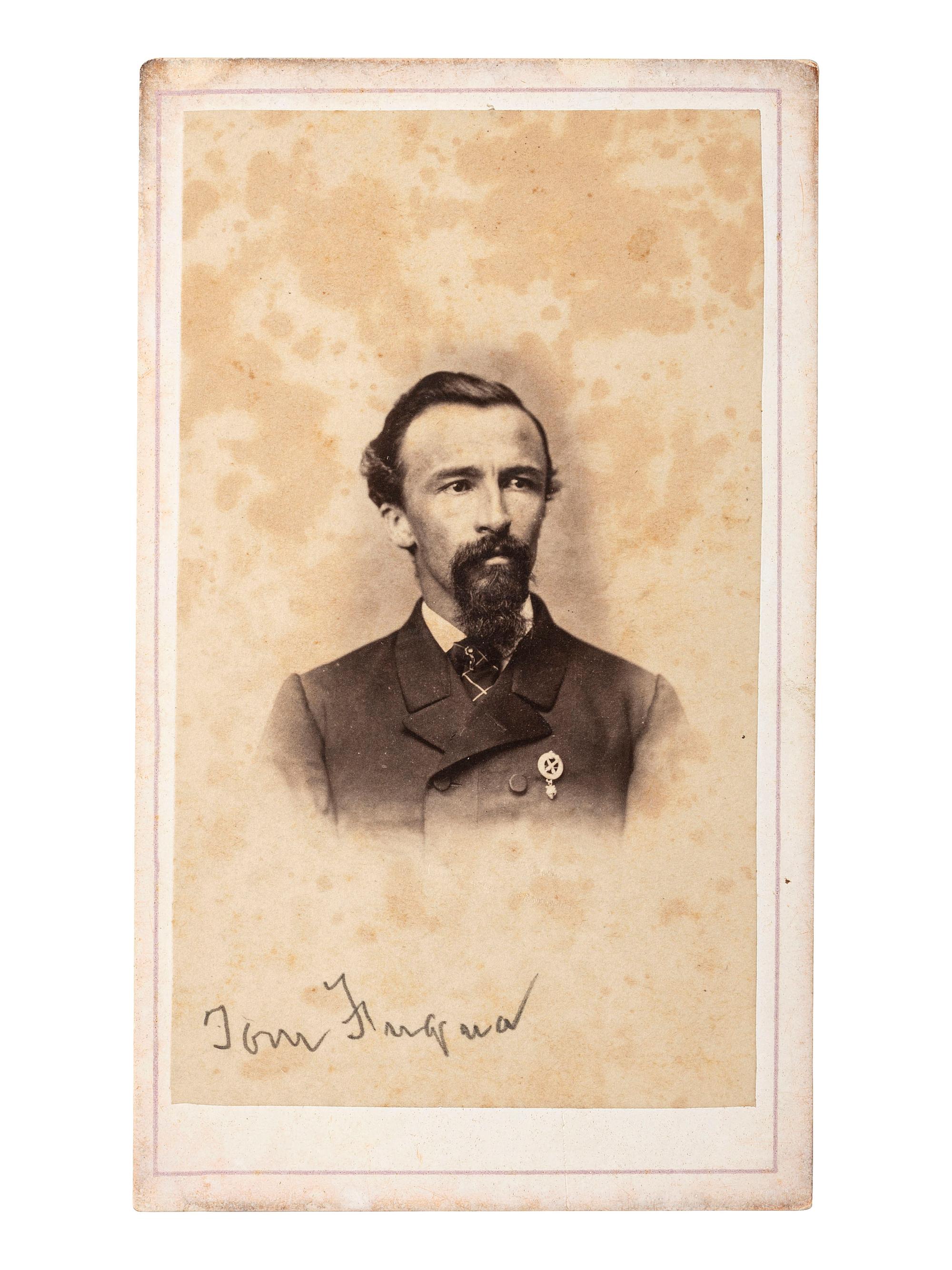 [CIVIL WAR]. MOSES & PIFFET, photographers. Autographed CDV of Confederate artillerist Thomas H. Fuqua, 3rd Company, Washington Artillery of New Orleans, wearing the unit's gold pin on his jacket. New Orleans, LA: ca 1864-1865.