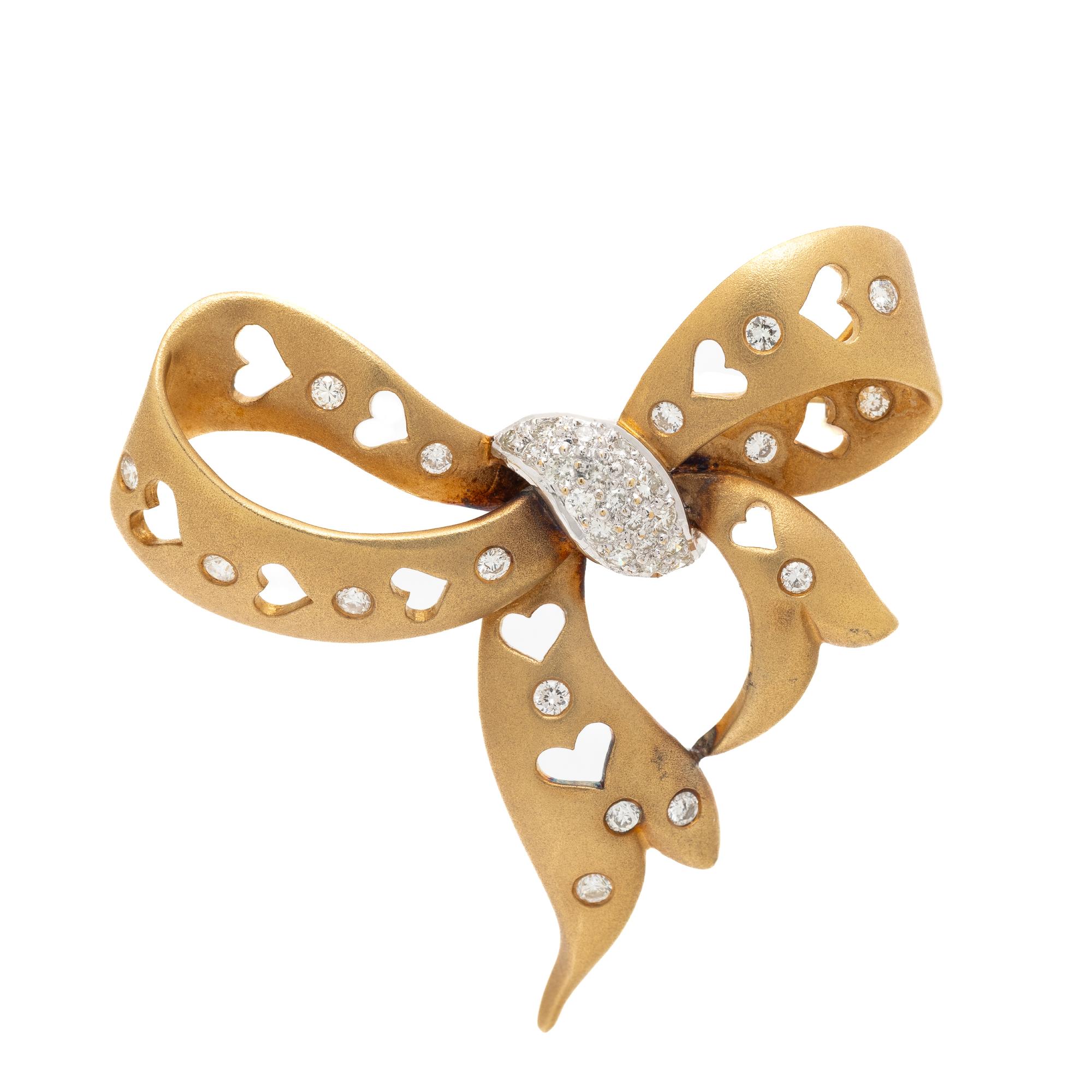 SATIN FINISH BICOLOR GOLD AND DIAMOND BOW BROOCH