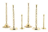 Three Pairs of English Brass Barley Twist Candlesticks, Height of tallest 21 1/2 inches.