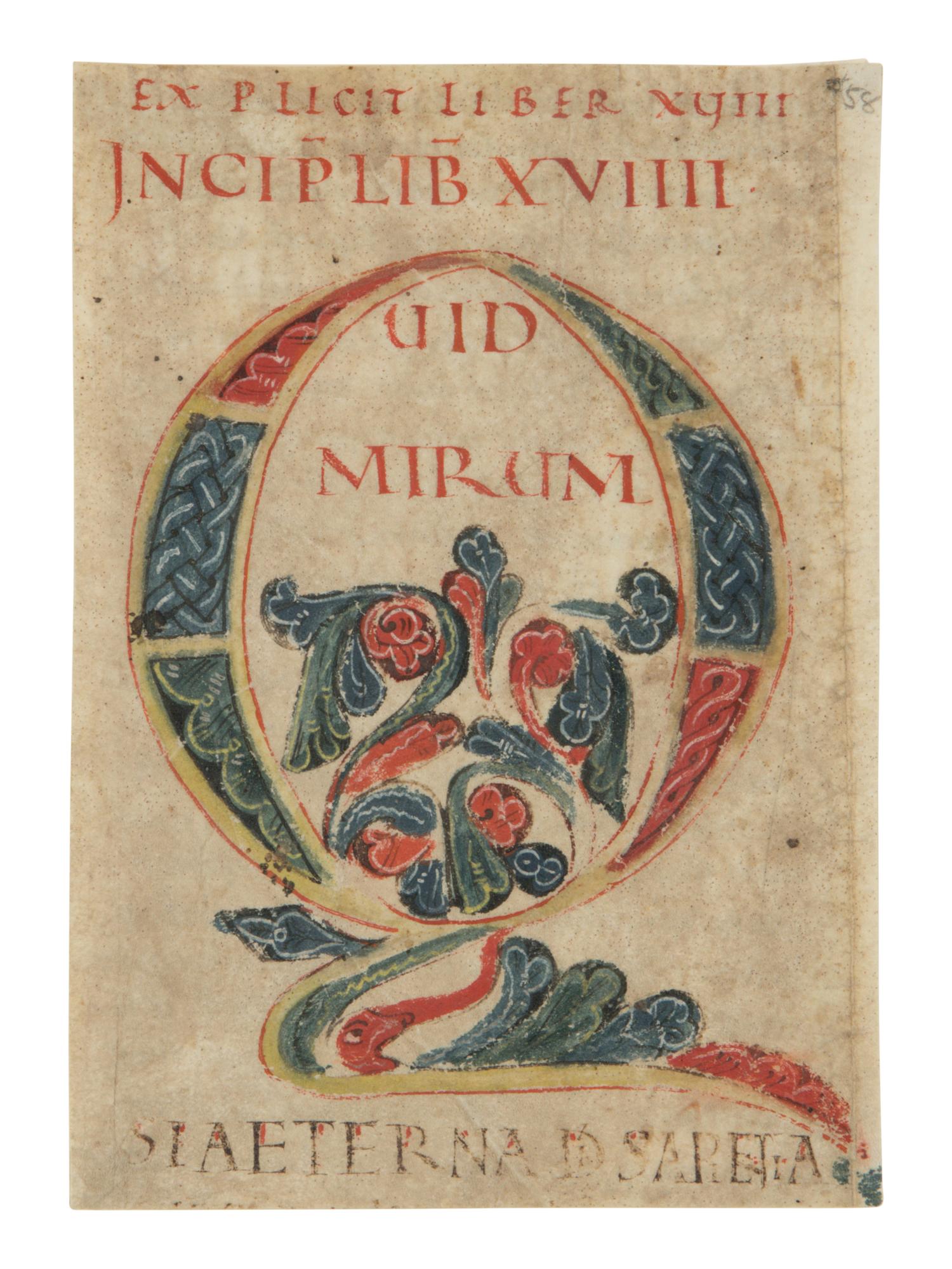 CENTRAL ITALIAN ILLUMINATOR Cutting with a decorated initial ‘Q’ from a Moralia in Job , in Latin, illuminated manuscript on parchment [Italy, Rome? c. 1100–1125]