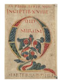 CENTRAL ITALIAN ILLUMINATOR Cutting with a decorated initial ‘Q’ from a Moralia in Job , in Latin, illuminated manuscript on parchment [Italy, Rome? c. 1100–1125]