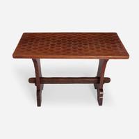 An Arts & Crafts Gnomeman Oak Table with Four Conforming Stools Tom 'Gnomeman' Whittaker (British 1910–1991), circa 1950